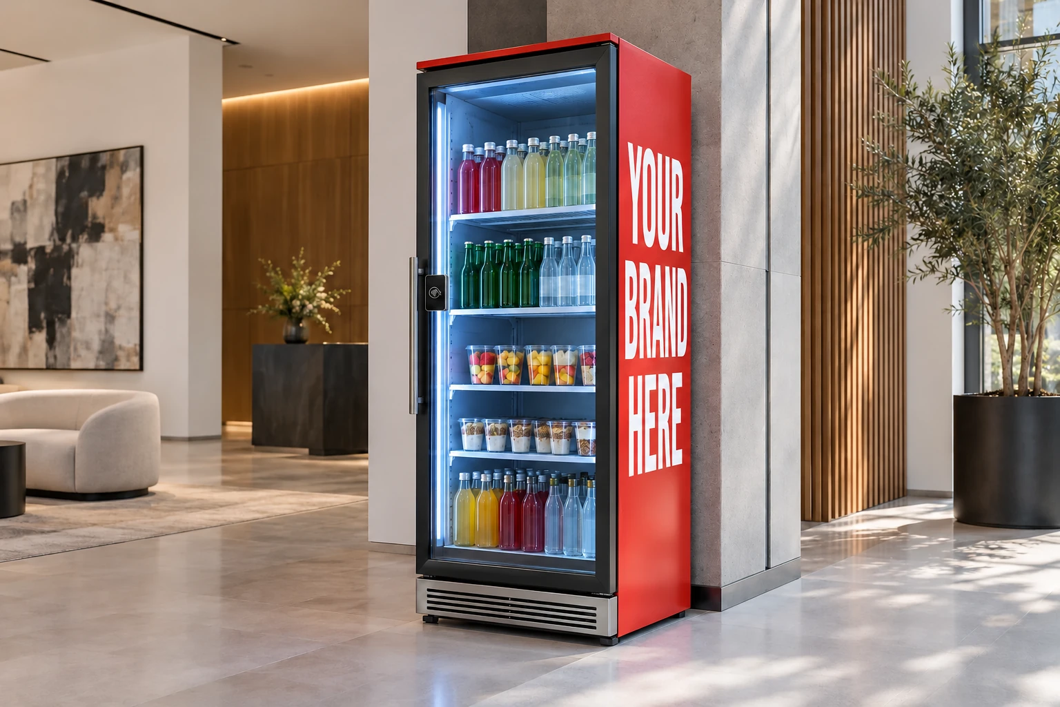 Branded smart fridge concept with white YOUR BRAND HERE lettering on its red side panel in an office lobby