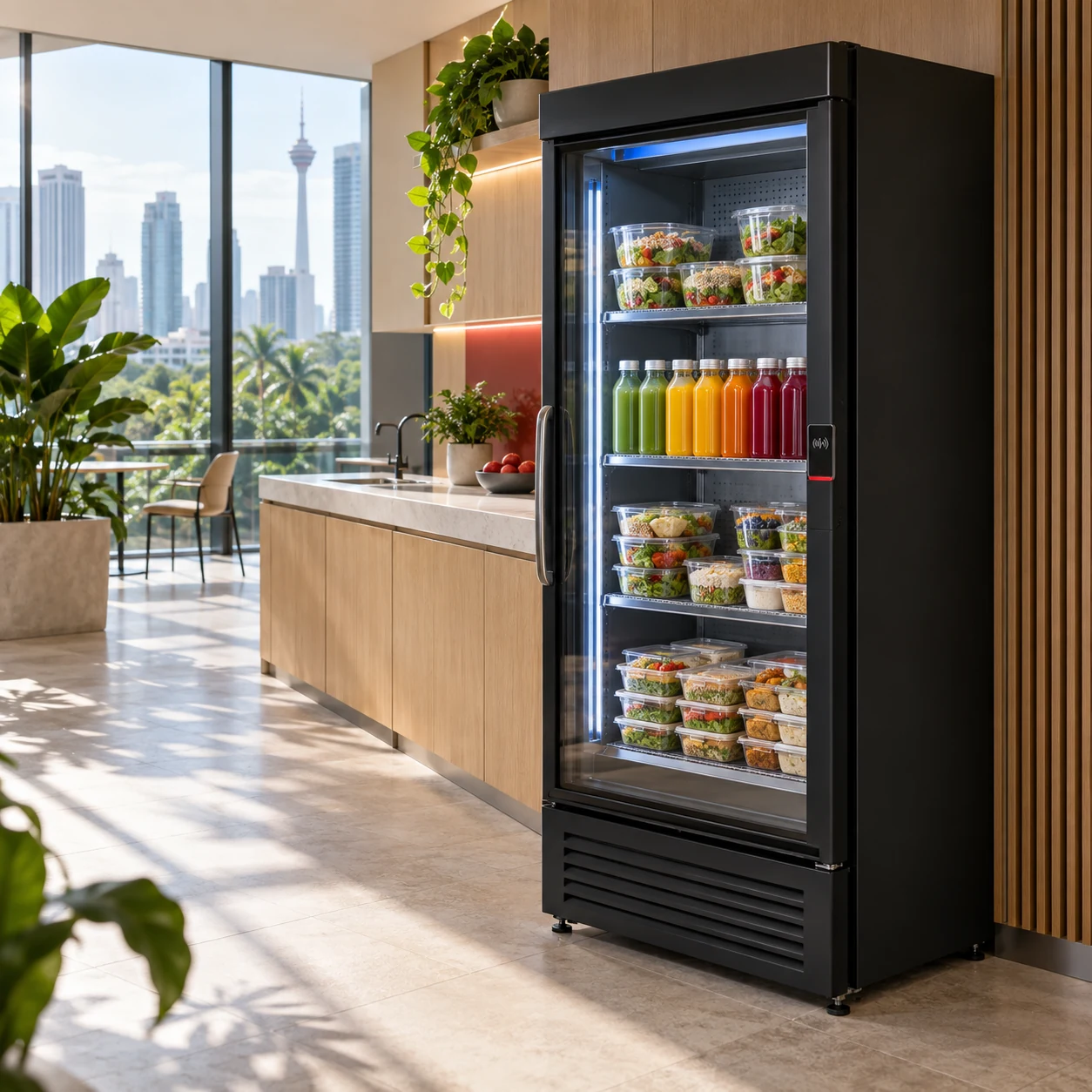 Smart fridge concept stocked with healthy pantry food in a premium office pantry